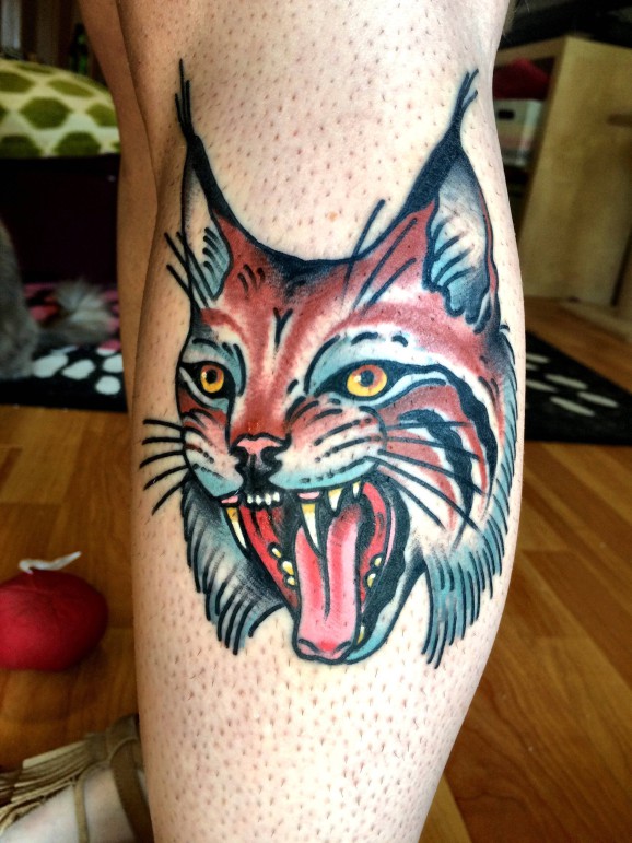 Roaring Lynx Head Tattoo On Leg Calf By Gary Royal
