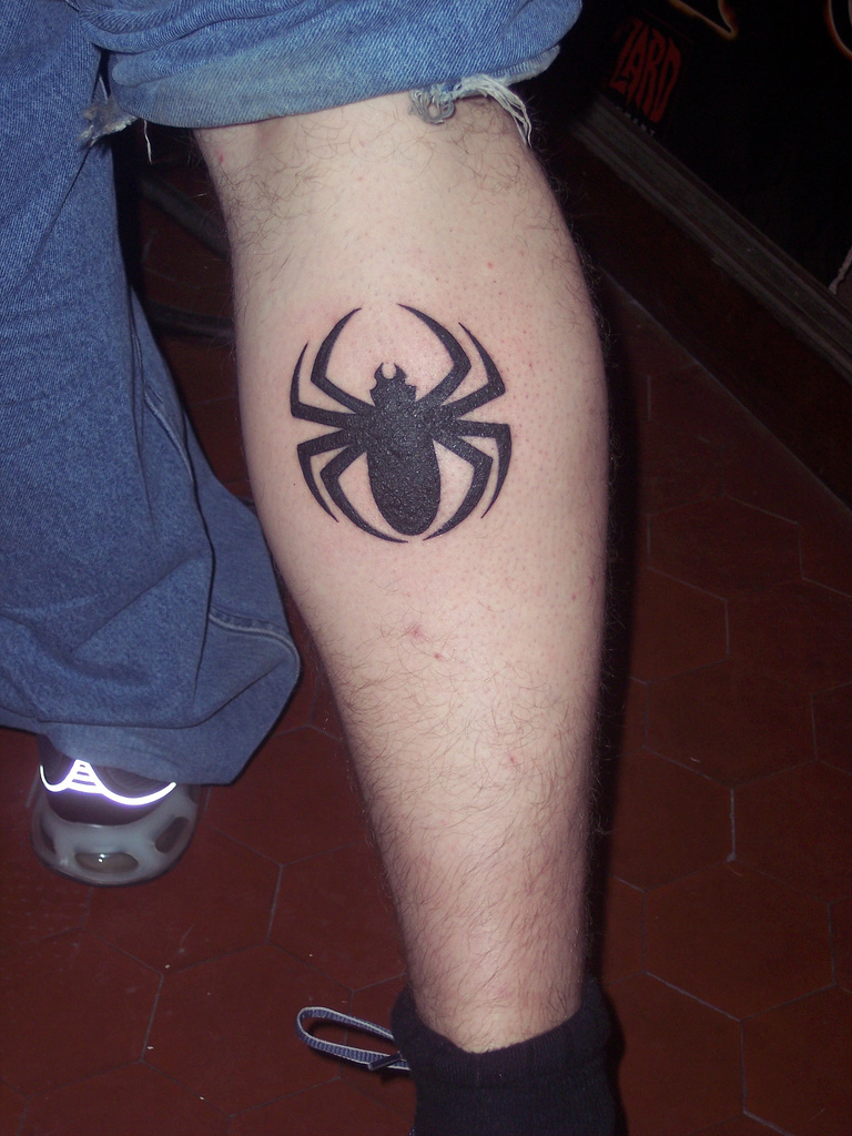 Silhouette Spider Tattoo On Right Leg Calf