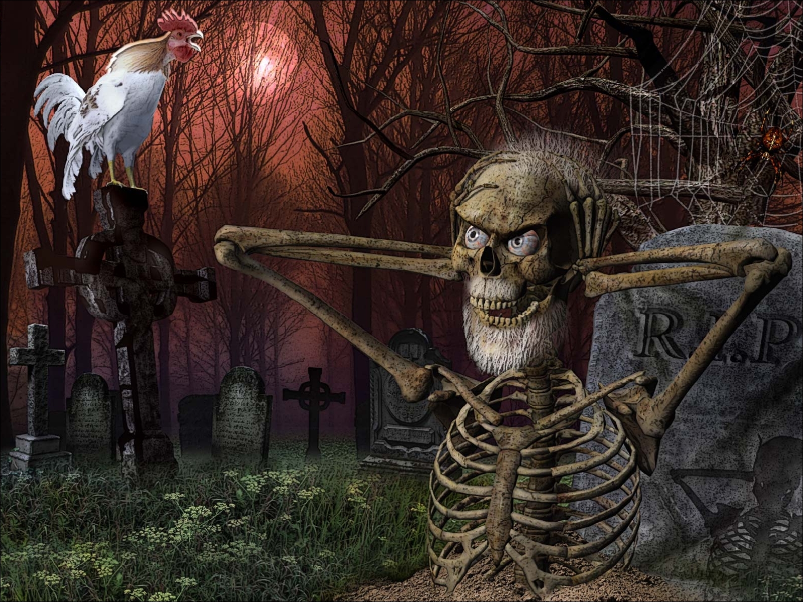 Skeleton And Chicken In Graveyard Funny Picture