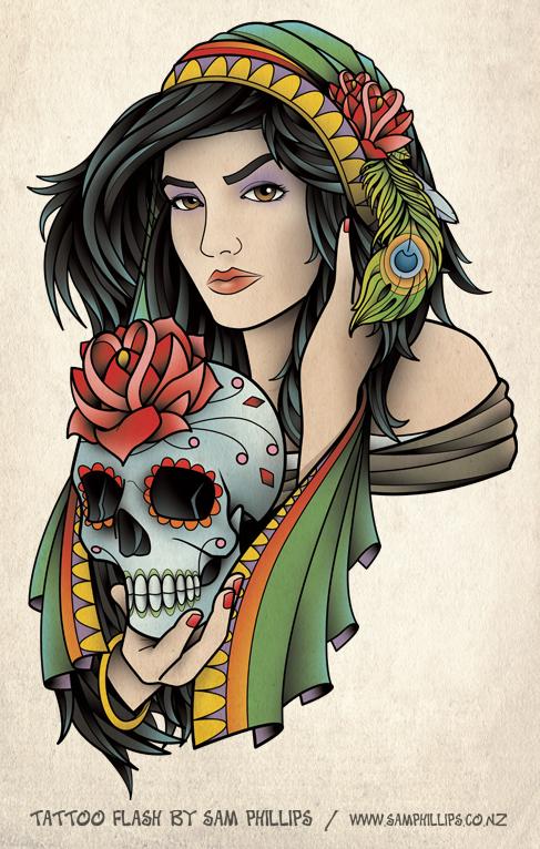 Skull On Gypsy Hand Tattoo Design By Sam Phillips