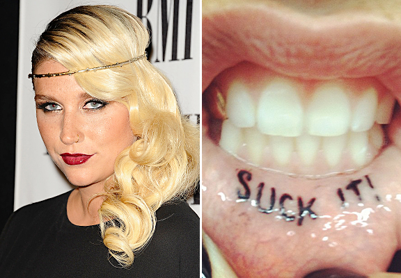 Suck It Lettering Tattoo On Kesha Inner Lip