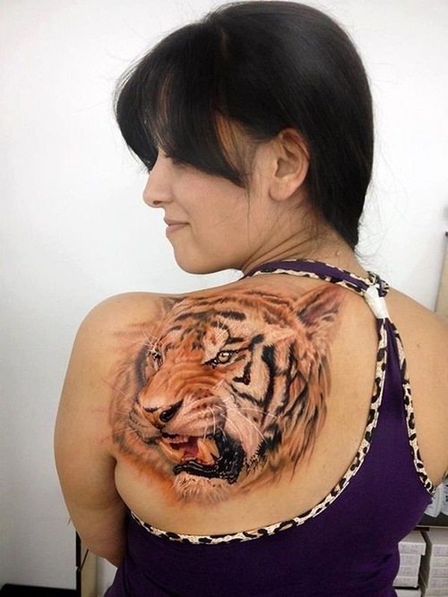 Tiger Head Tattoo On Women Left Back Shoulder