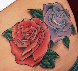 Two Purple And Red Roses Tattoo Design