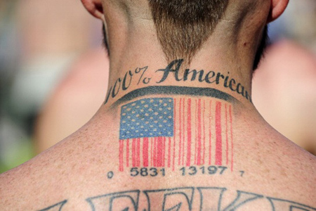 USA Flag Barcode Tattoo On Man Back Neck