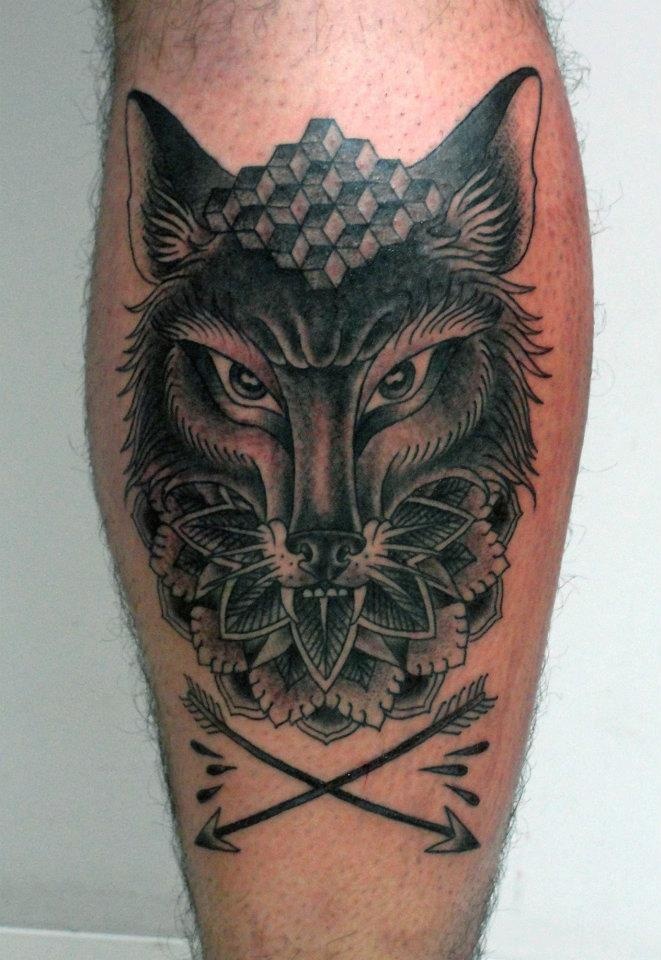 Unique Black And Grey Fox Head With Arrows Tattoo On Leg Calf
