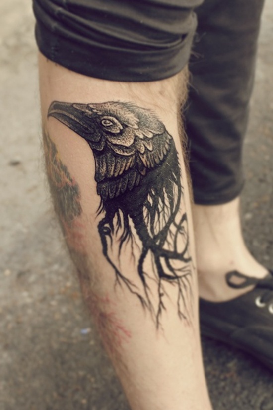 Unique Black And Grey Raven Head Tattoo On Leg