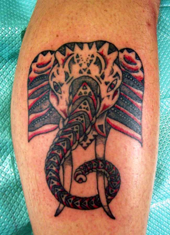 Unique Black And Red Elephant Head Tattoo Design For Leg Calf