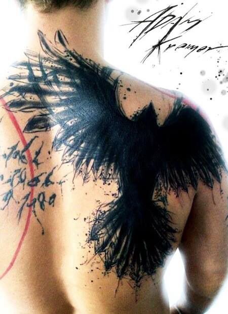Unique Black Raven Tattoo On Man Upper Back