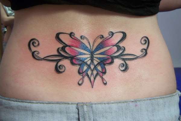 Unique Blue And Pink Butterfly Tattoo On Girl Lower Back