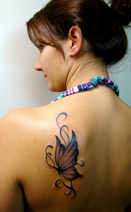 Unique Butterfly Tattoo On Women Left Back Shoulder