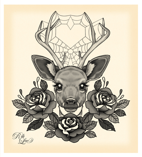 Unique Grey Ink Deer Head With Three Roses Tattoo Design