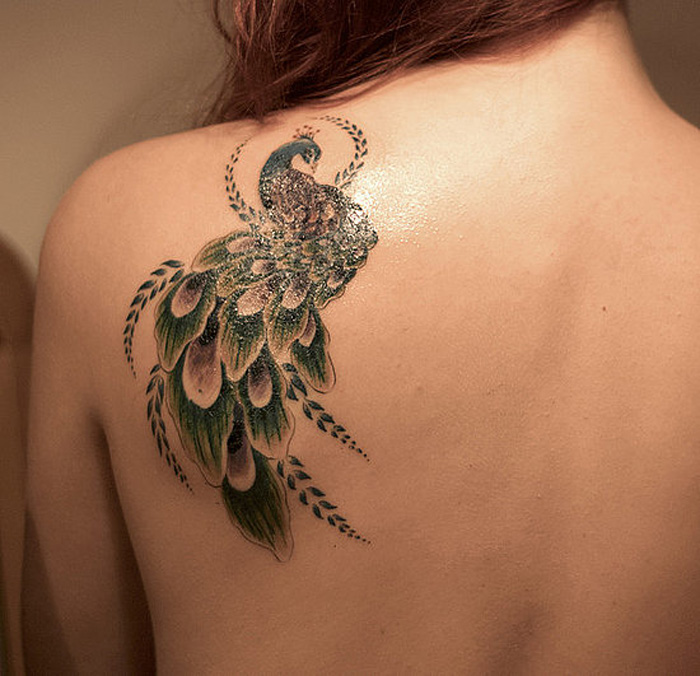 Unique Peacock Tattoo On Women Left Back Shoulder