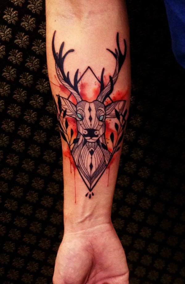 Unique Watercolor Deer Head Tattoo Design On Forearm