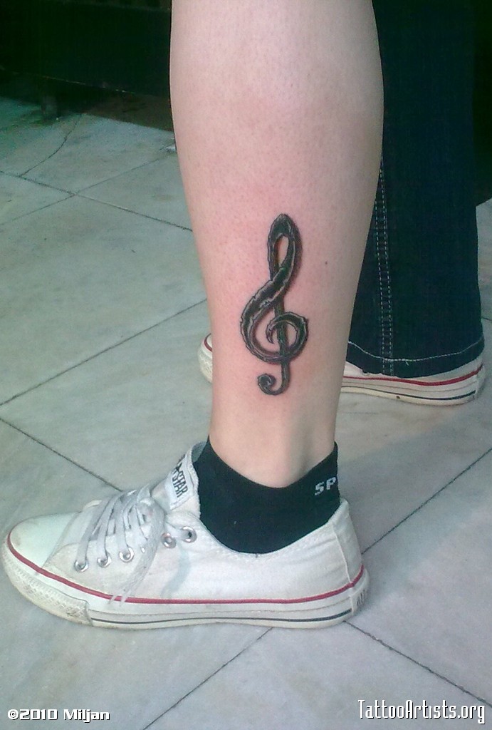 Violin Key Music Tattoo On Left Leg
