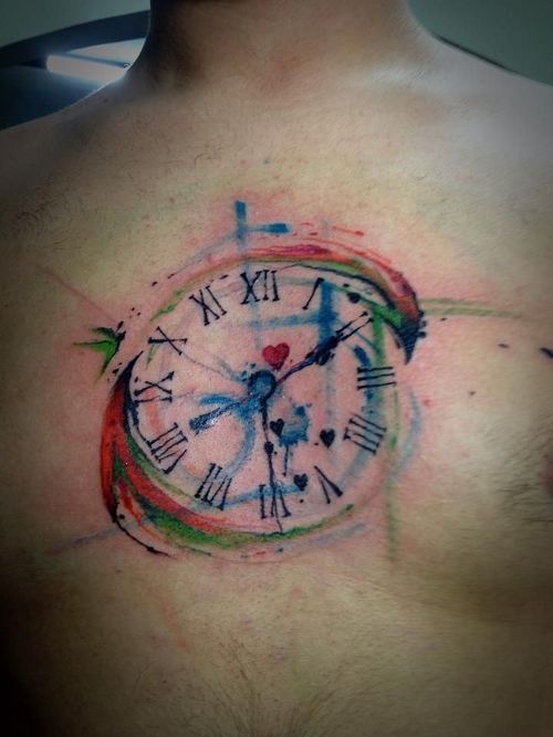Watercolor Clock Tattoo On Man Chest