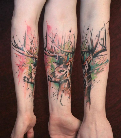 Watercolor Deer Head Tattoo On Forearm