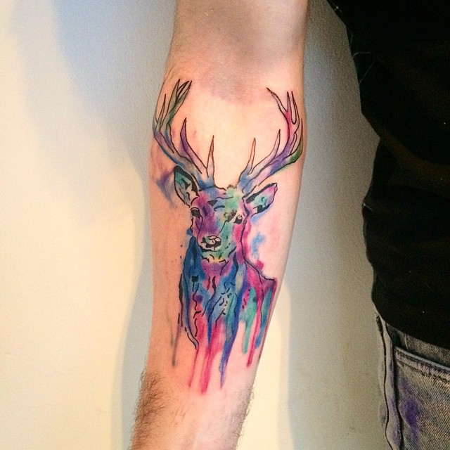 Watercolor Deer Head Tattoo On Man Forearm