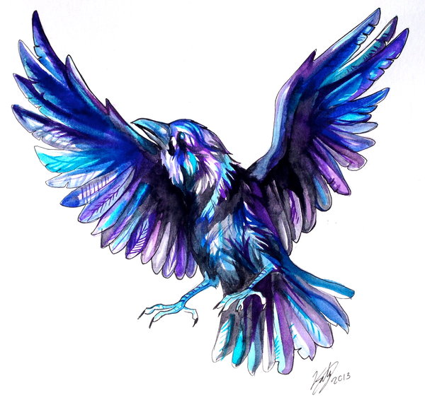 Watercolor Flying Raven Tattoo Design By Katy Lipscomb