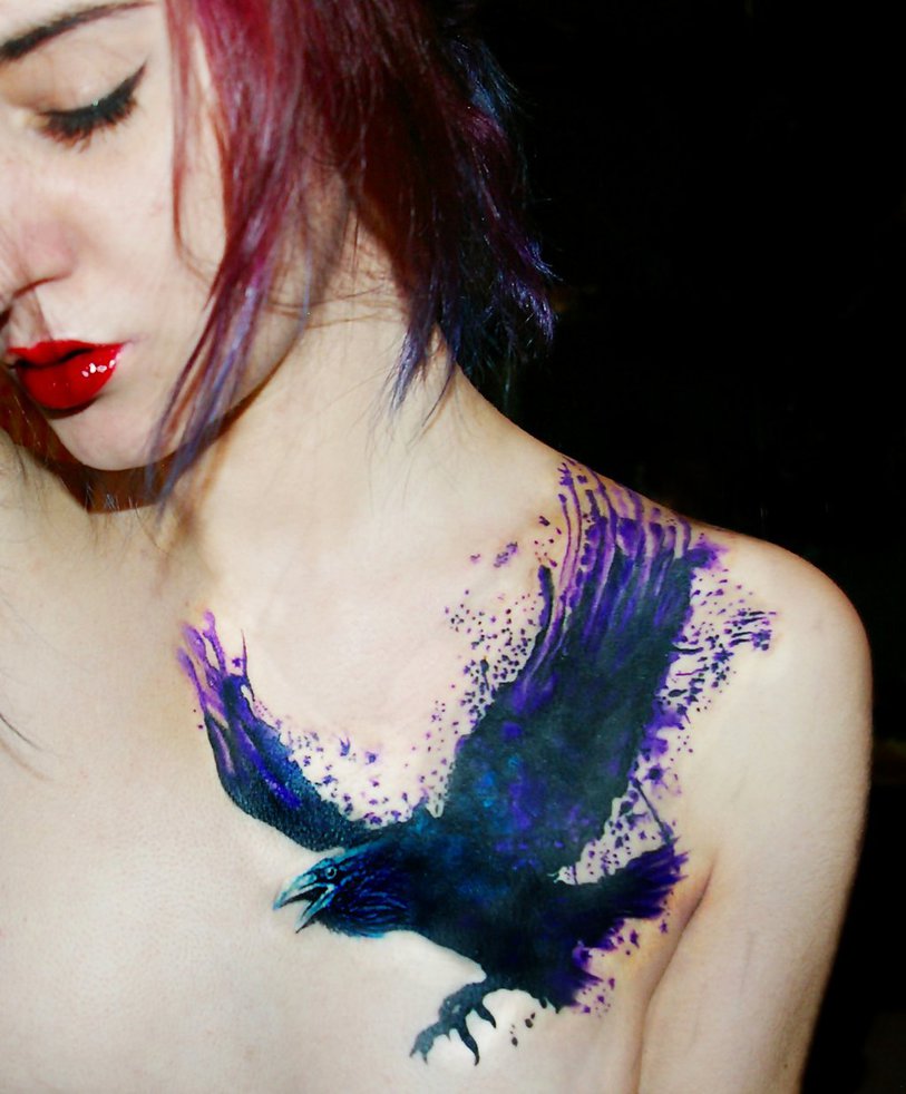 Watercolor Flying Raven Tattoo On Girl Front Shoulder