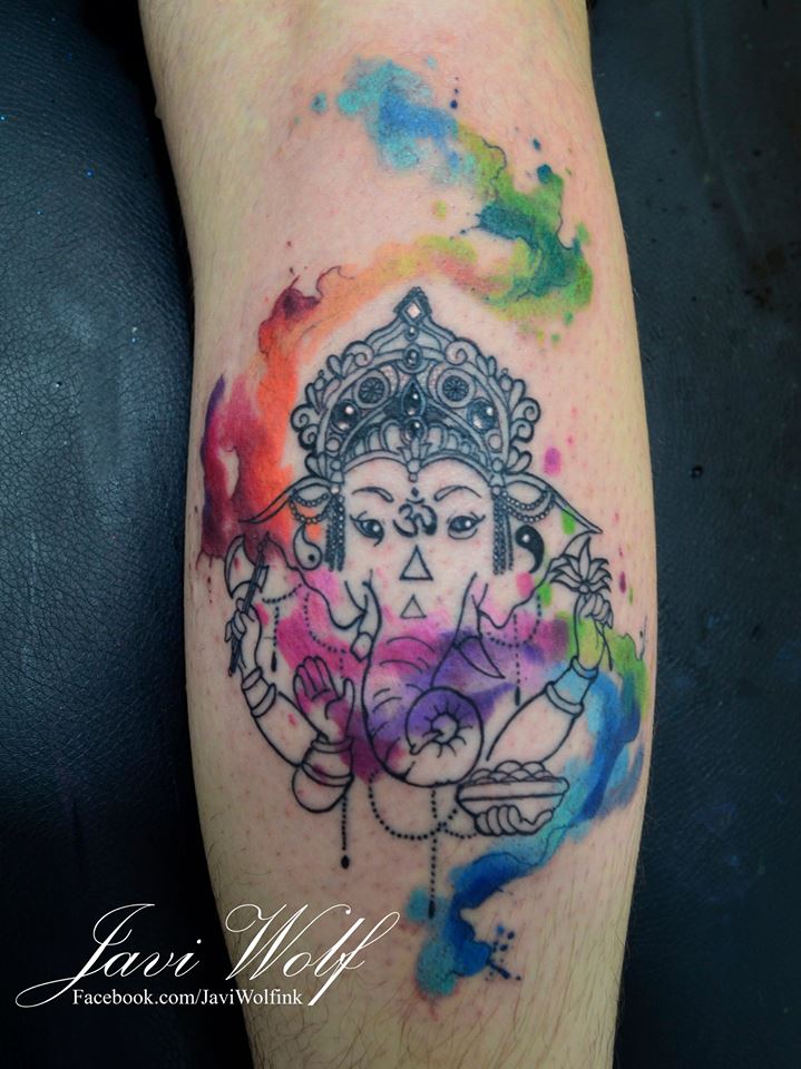 Watercolor Ganesha Tattoo On Leg Calf By Javi Wolf
