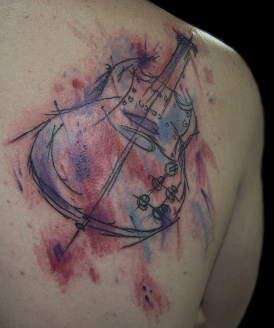 Watercolor Guitar Tattoo On Right Back Shoulder By Bryan Lawson