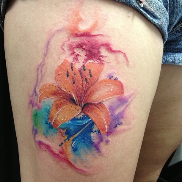 Watercolor Lily Flower Tattoo On Thigh