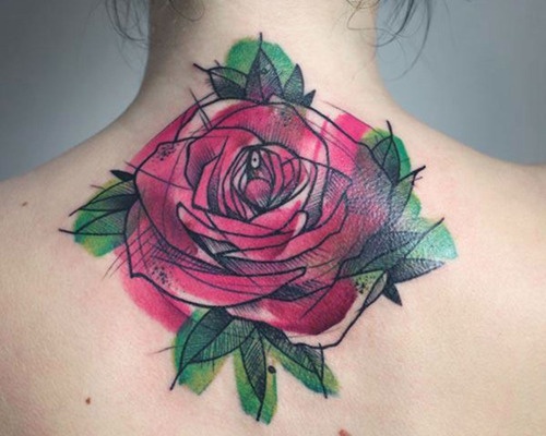 Watercolor Red Rose Tattoo On Girl Upper Back
