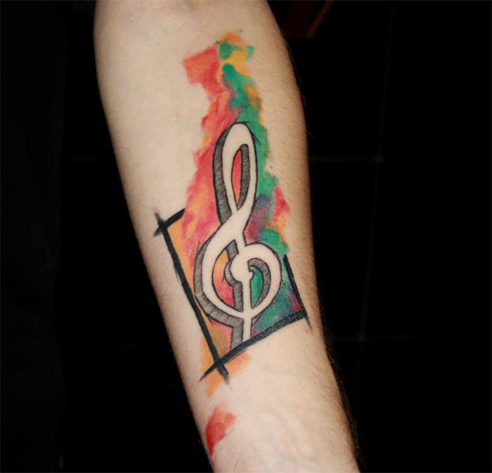 Watercolor Violin Key Tattoo On Forearm By Kirtatas