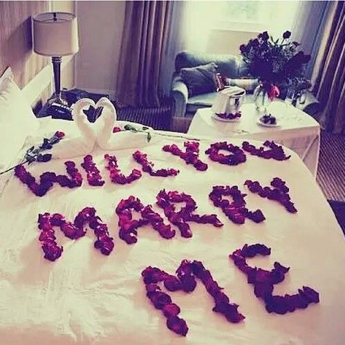 Will You Marry Me Written By Flowers On Bed Picture