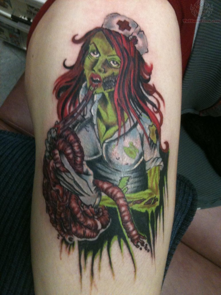 Zombie Nurse Tattoo On Side Thigh By Zombie