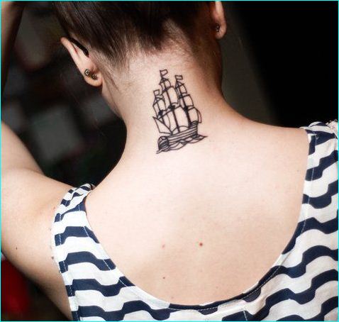 Amazing Black Ship Tattoo On Girl Back Neck