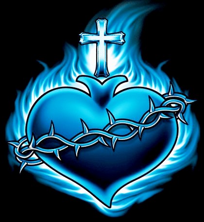 Amazing Blue Ink Sacred Heart Tattoo Design