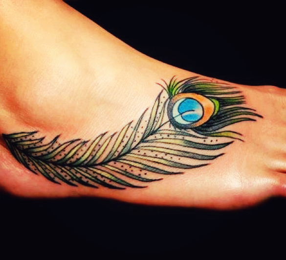 Amazing Colorful Feather Tattoo On Foot