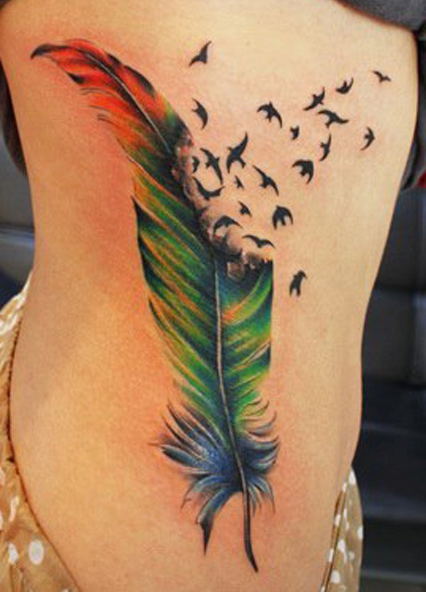 Amazing Colorful Feather With Flying Birds Tattoo On Side Rib
