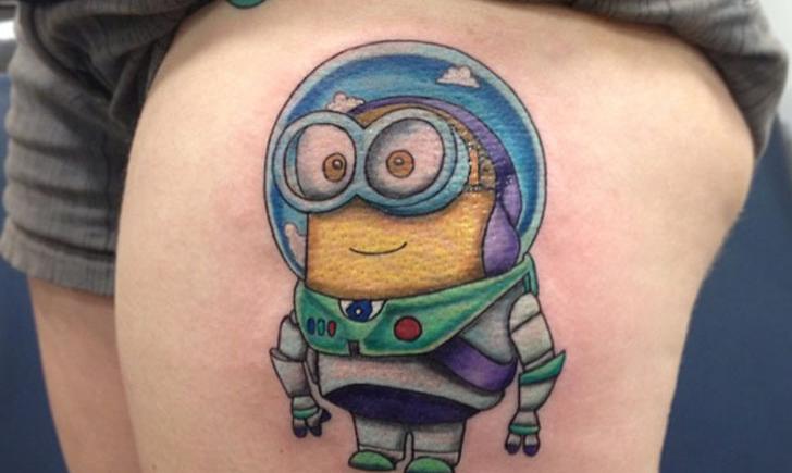 Amazing Colorful Minion Tattoo On Side Thigh