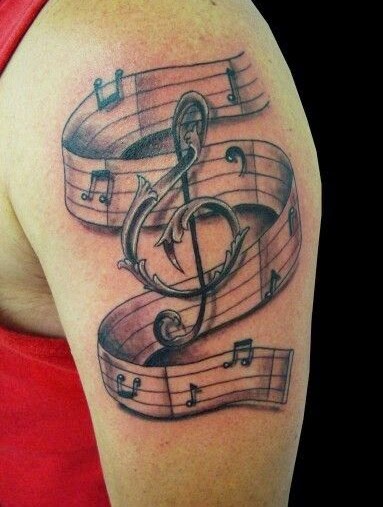 Amazing Music Violin Key With Banner Tattoo On Left Shoulder