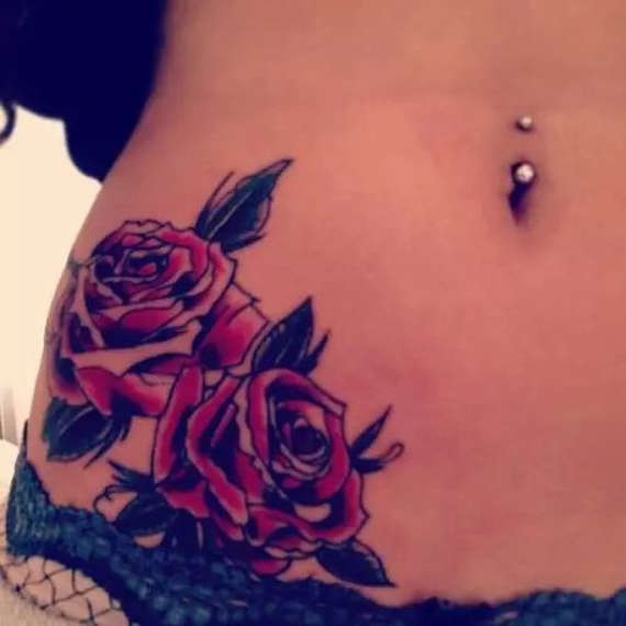 Amazing Two Red Roses Tattoo On Hip