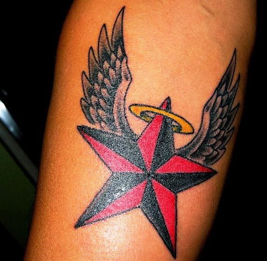 Angel Wings Star Tattoo On Bicep
