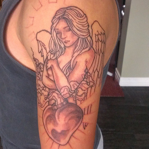 Angel With Sacred Heart Tattoo On Shoulder