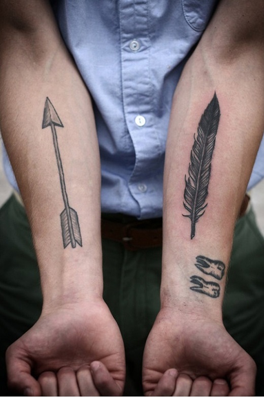 Arrow And Feather Tattoo On Both Forearm