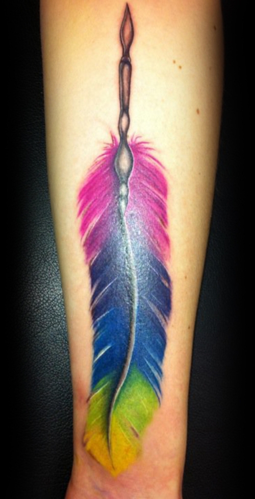 Awesome Colorful Feather Tattoo On Forearm