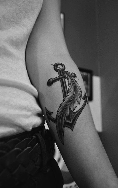 Black Anchor With Feather Tattoo On Forearm