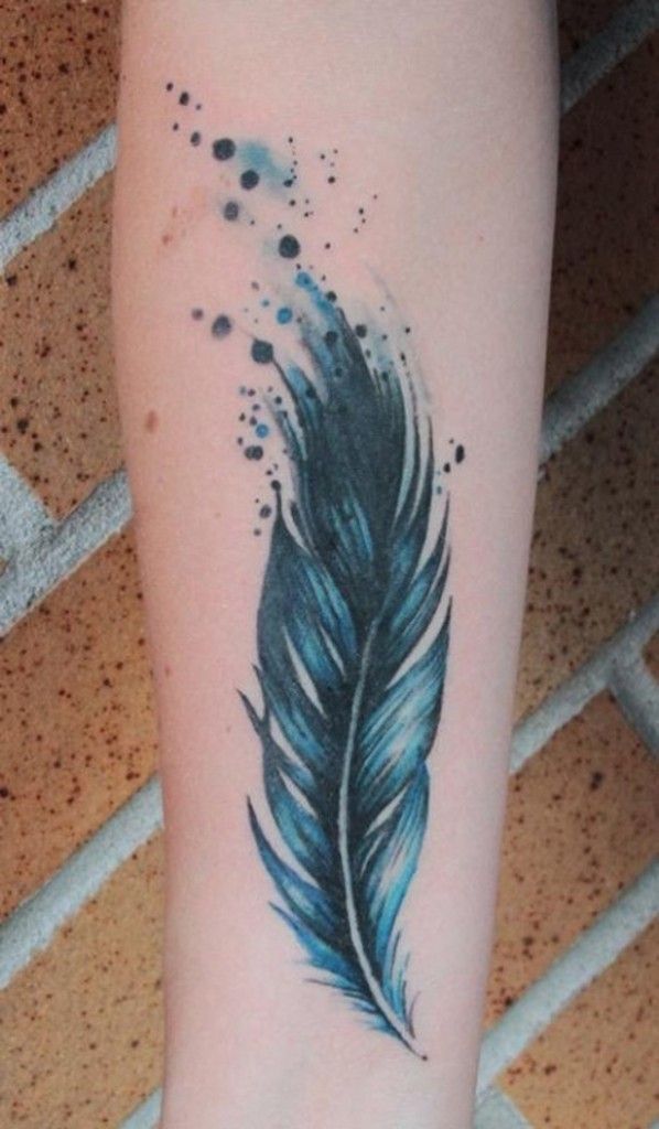 Black And Blue Feather Tattoo Design For Forearm