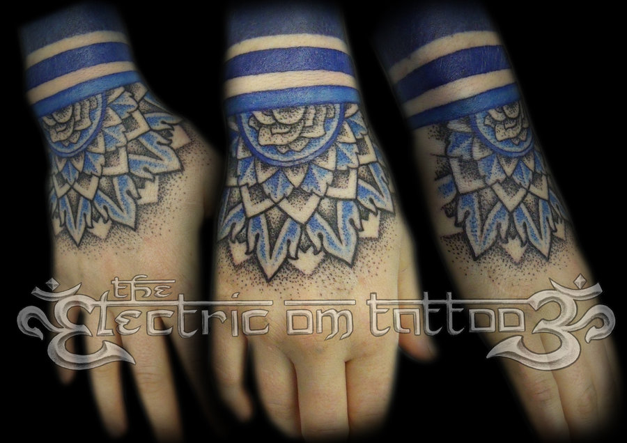 Black And Blue Mandala Flower Tattoo On Hand By Ash Harrison