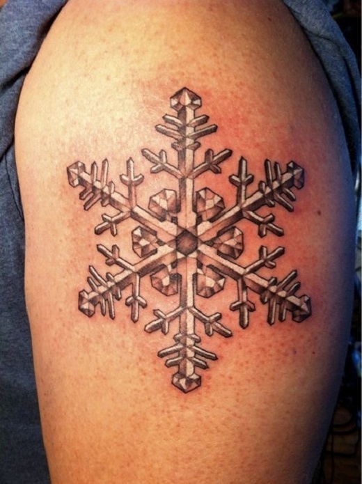 Black And Grey 3D Snowflake Tattoo On Shoulder