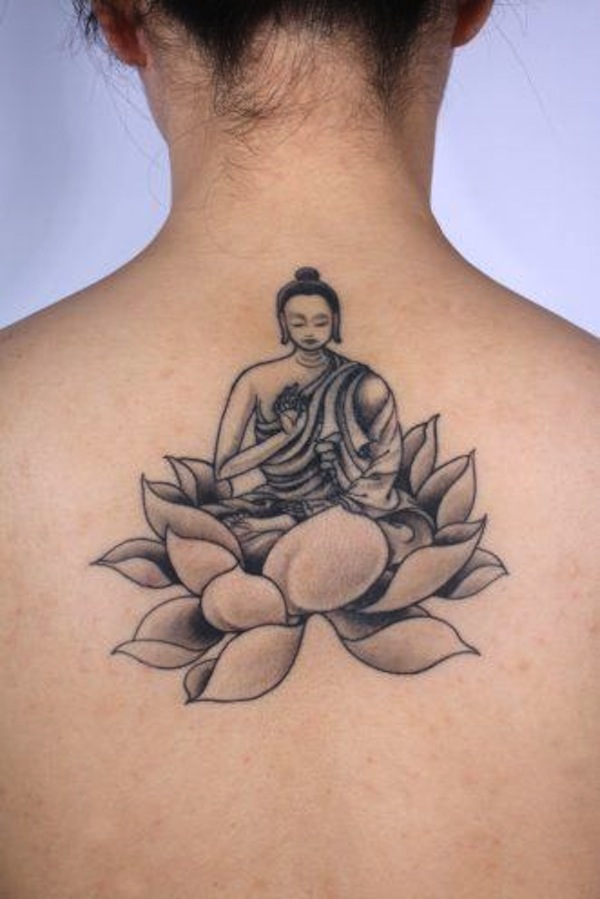 Black And Grey Buddha On Lotus Tattoo On Upper Back