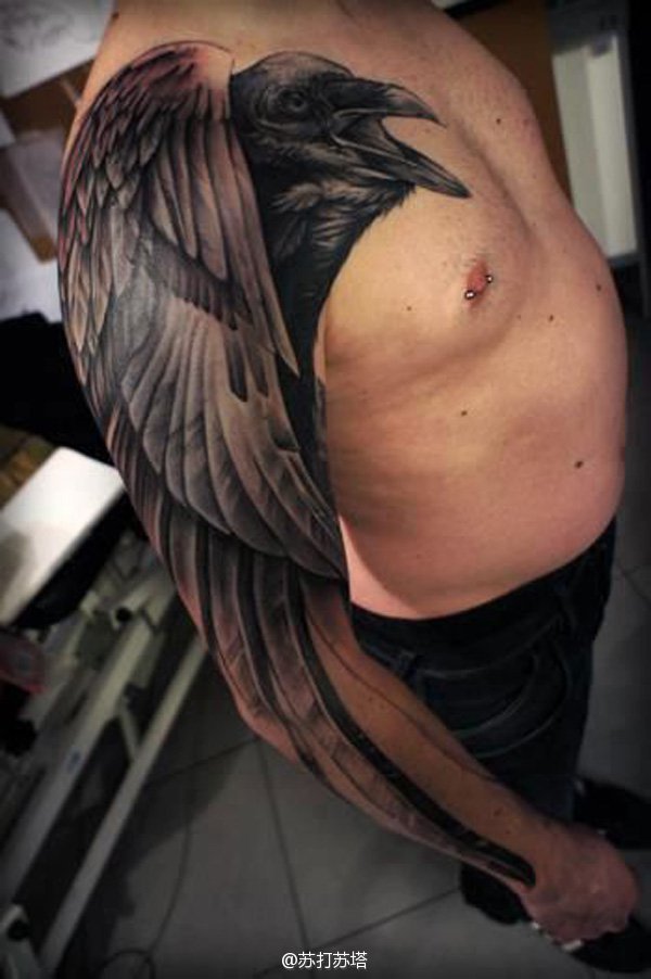 Black And Grey Crow Tattoo On Man Right Full Sleeve