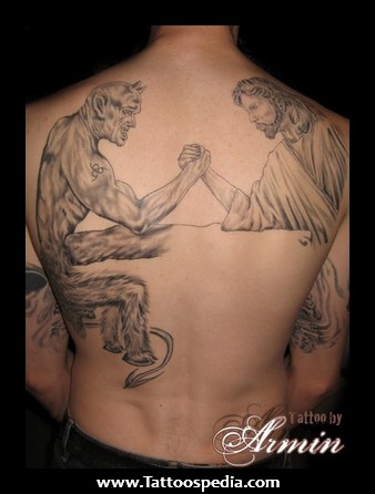 Black And Grey Devil With Jesus Tattoo On Man Full Back