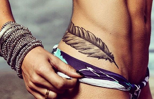 Black And Grey Feather Tattoo On Side Hip