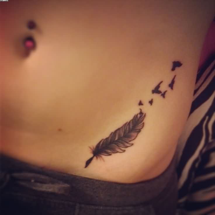 Black And Grey Feather With Flying Birds Tattoo On Hip